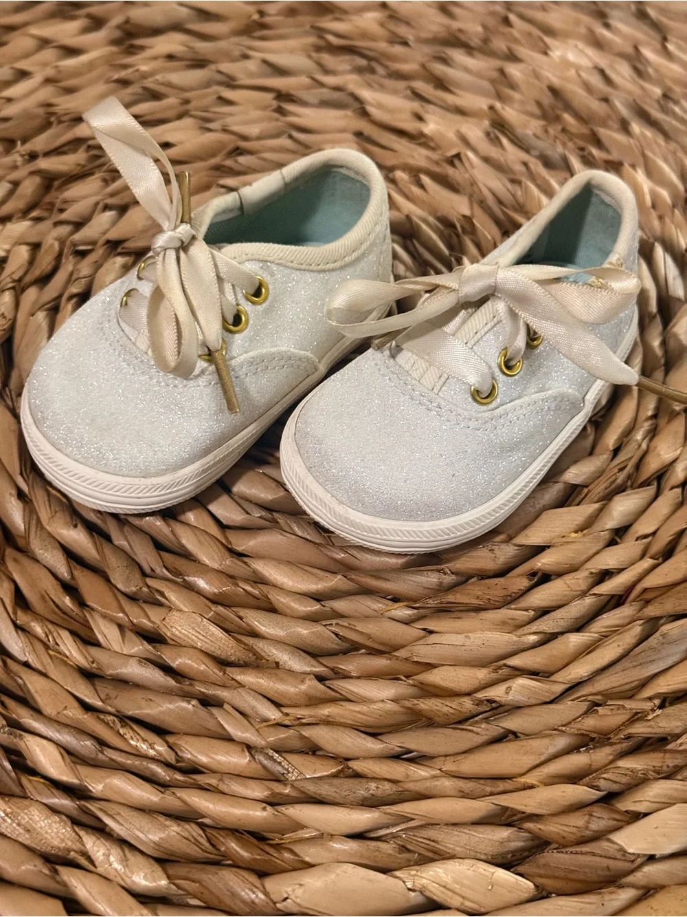 Keds Baby Glitter Lace-Up Sneakers in White with Gold Accents